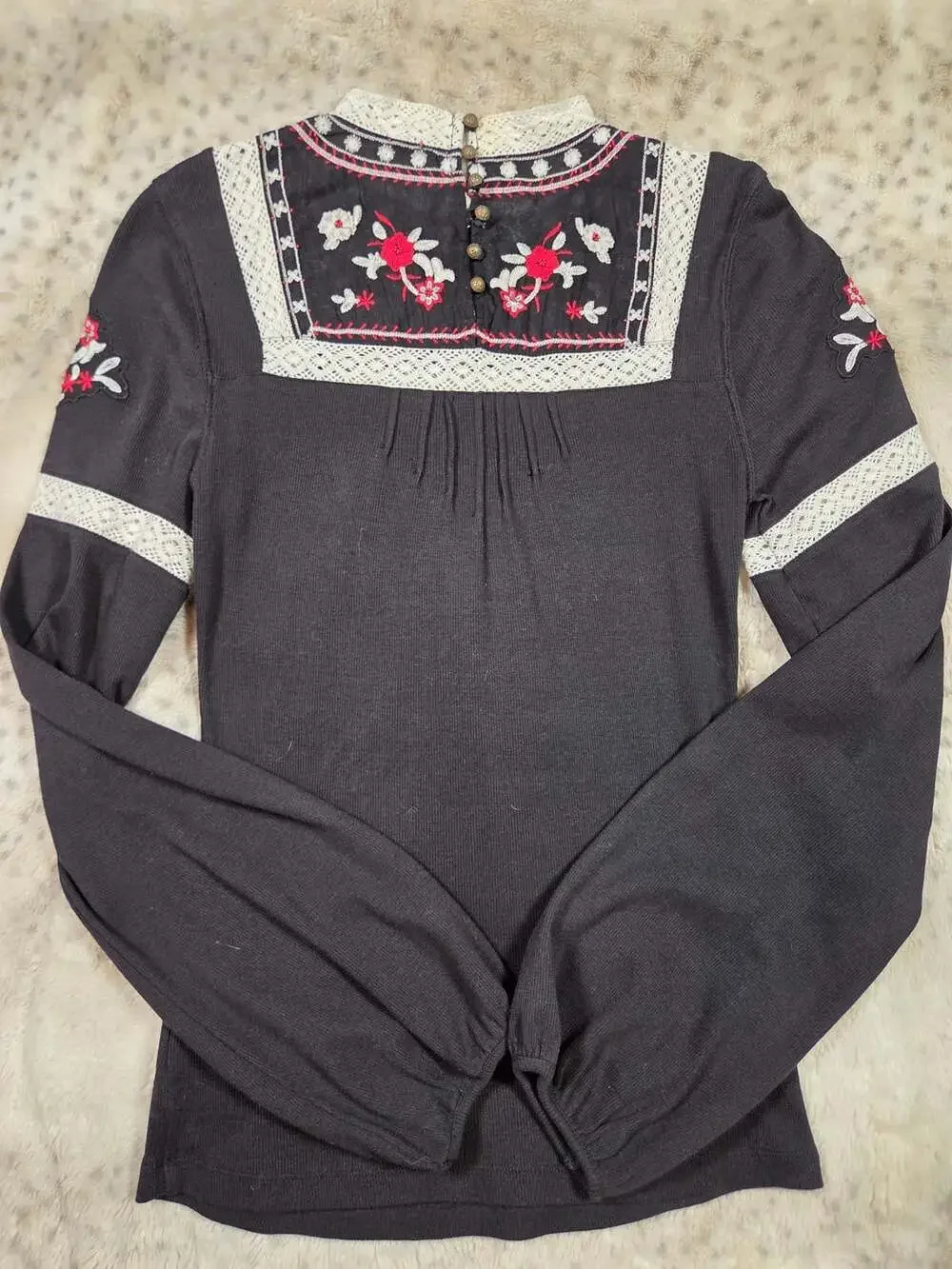 Free People Black Embroidered Crochet Lace Boho Peasant Top M